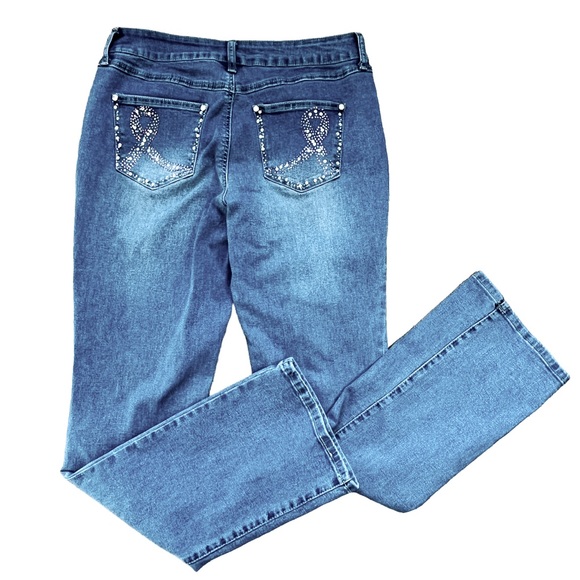 PINK RIBBON Breast Cancer Awareness Jeans 10‎ Straight Leg Boot Cut Bedazzled - Picture 1 of 16